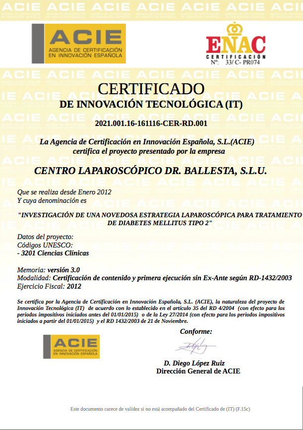 CIRUGIA DE DIABETES: Certificado Innovación tecnológica